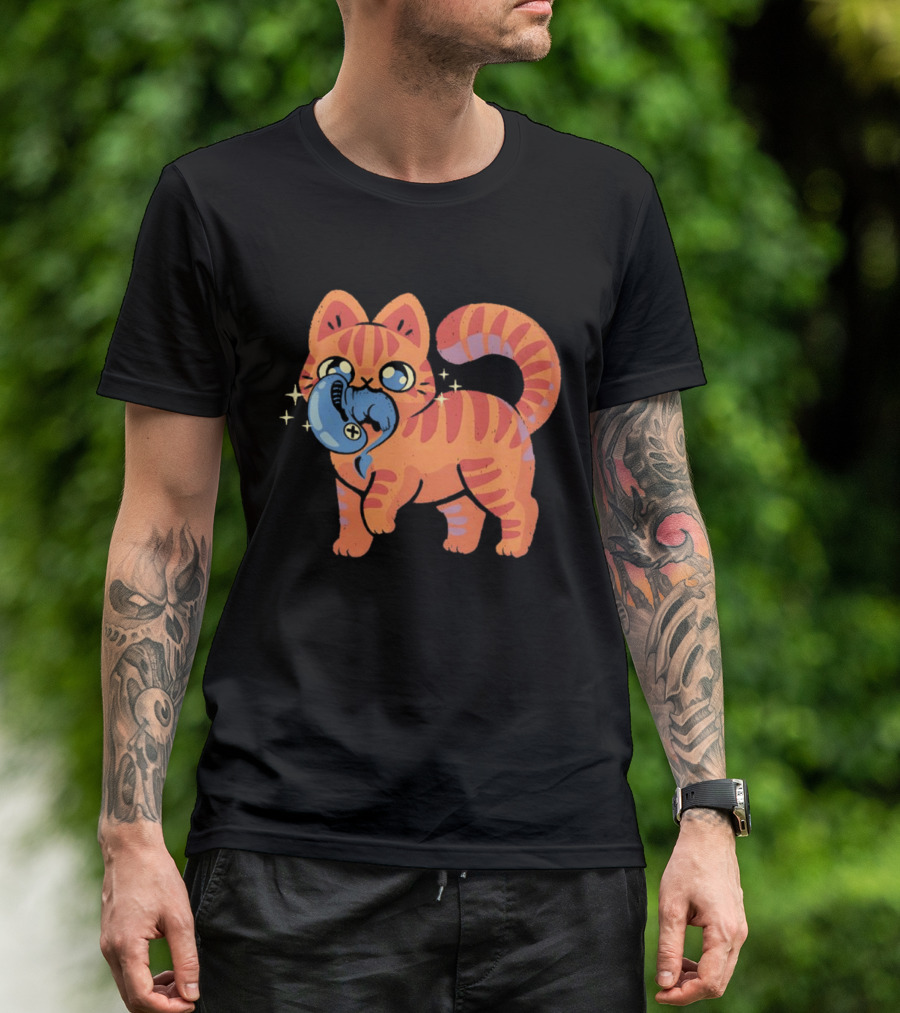 Orange Tabby Cat With Sparkles And Blue Alien Creature T-Shirt