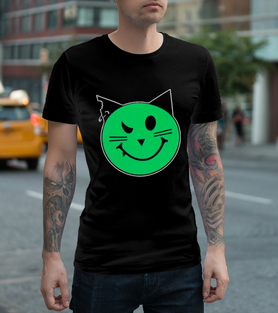Taliesin Wearing MeowMeowz Smiling Cat Face With Green Circle Black Ears Whiskers T-Shirt
