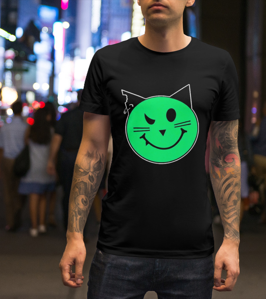 Taliesin Wearing MeowMeowz Smiling Cat Face With Green Circle Black Ears Whiskers T-Shirt
