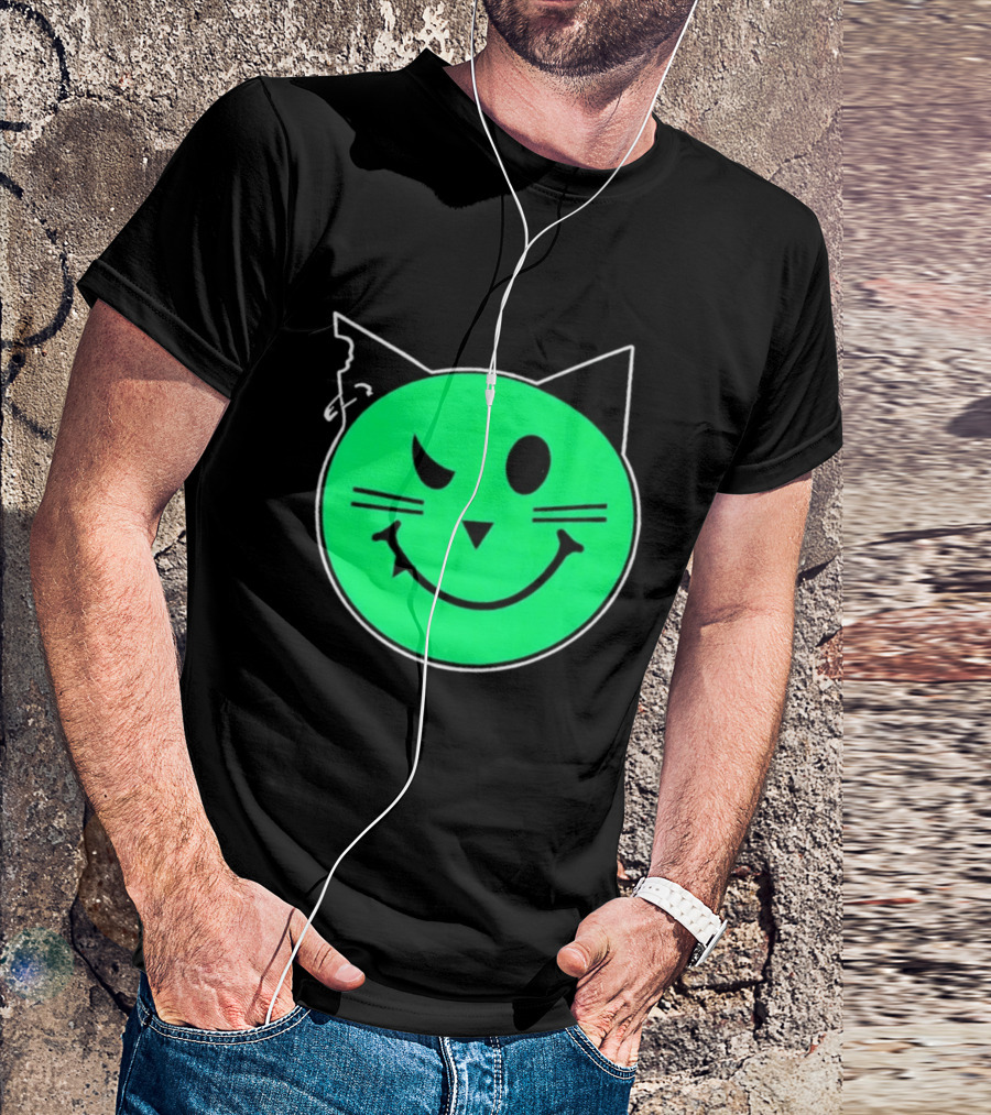 Taliesin Wearing MeowMeowz Smiling Cat Face With Green Circle Black Ears Whiskers T-Shirt