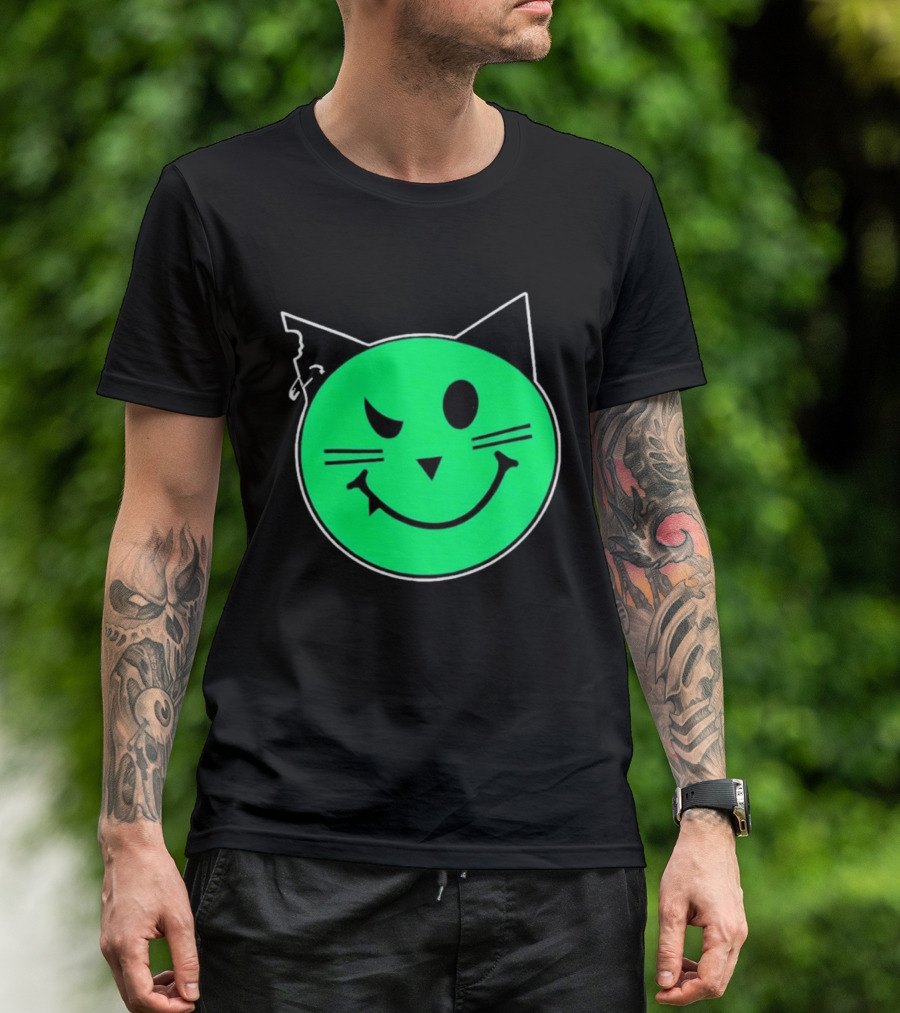 Taliesin Wearing MeowMeowz Smiling Cat Face With Green Circle Black Ears Whiskers T-Shirt