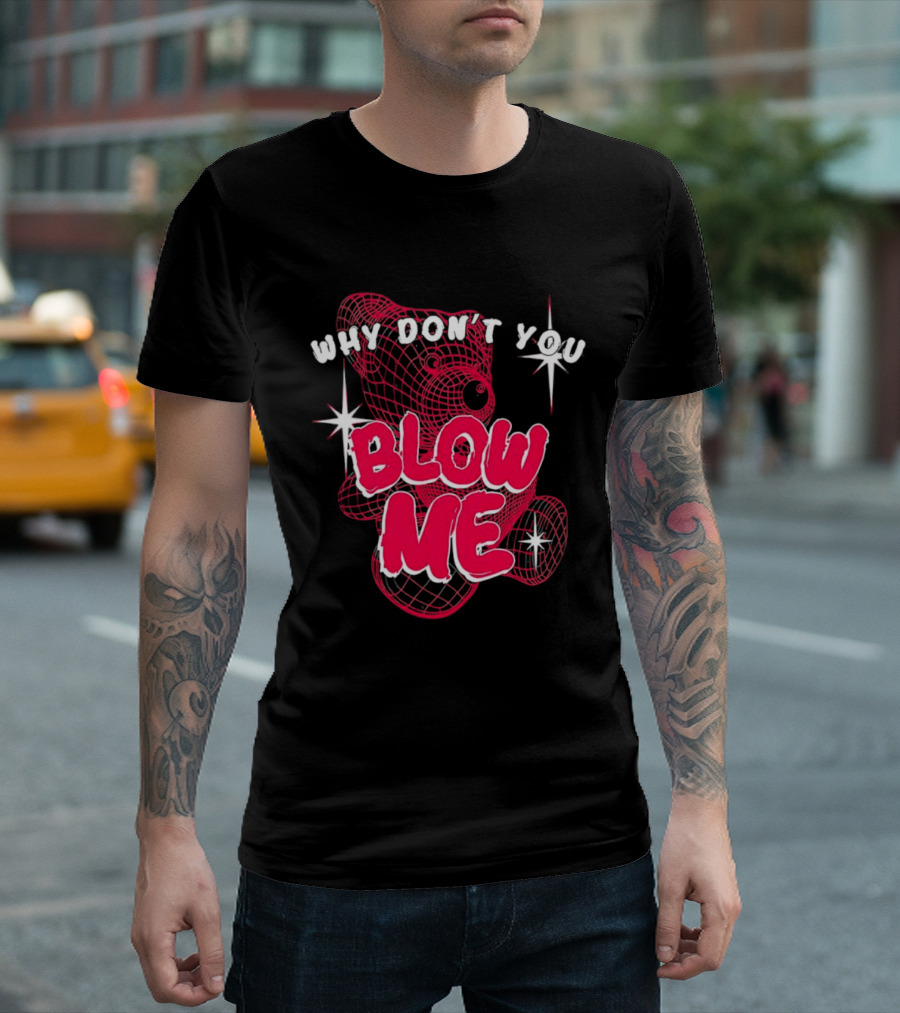 Why Don't You Blow Me Pink Wireframe Teddy Bear Bold Red Text Sparkling Star Accents T-Shirt