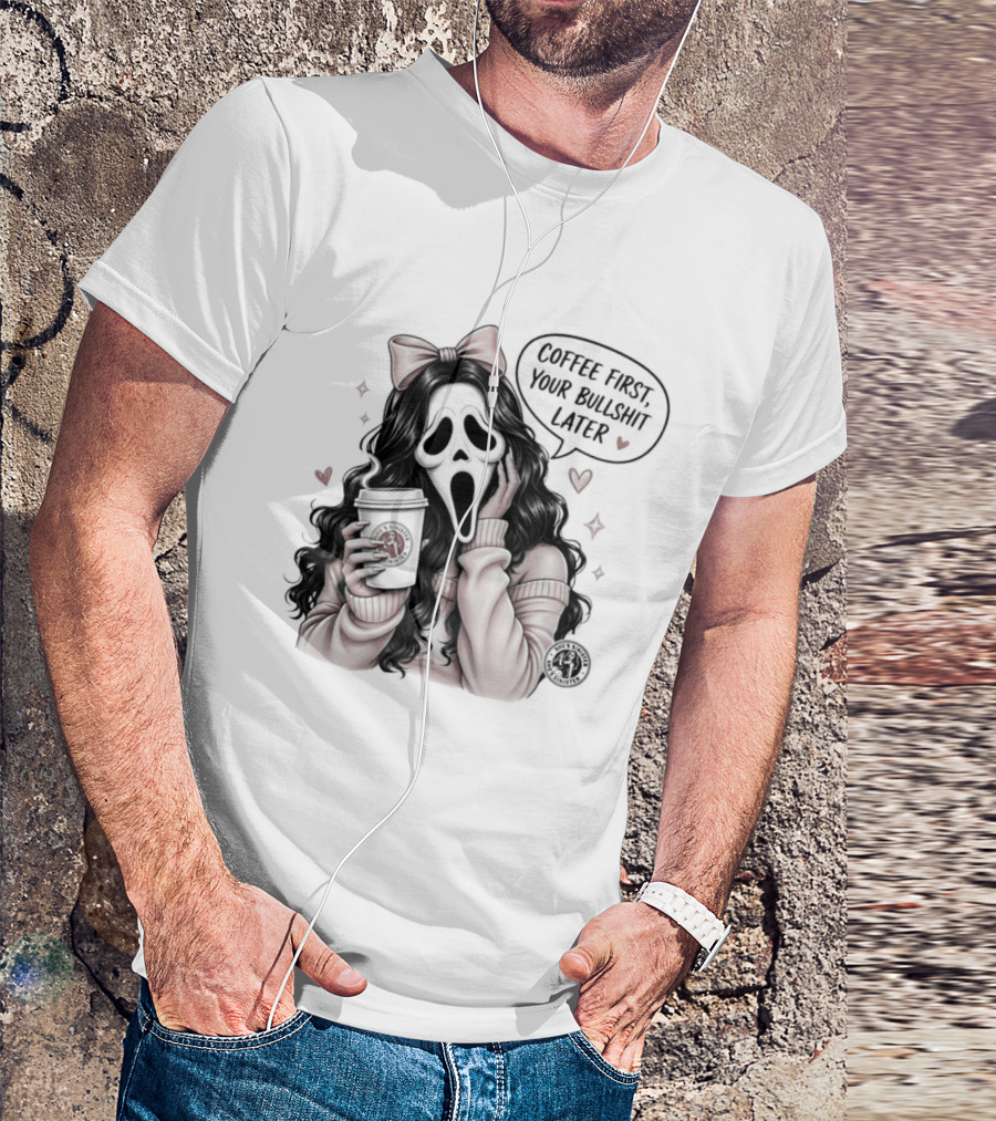 Ghostface Scream Coffee First Your Bullshit Later Horror Movie Bow Hearts T-Shirt