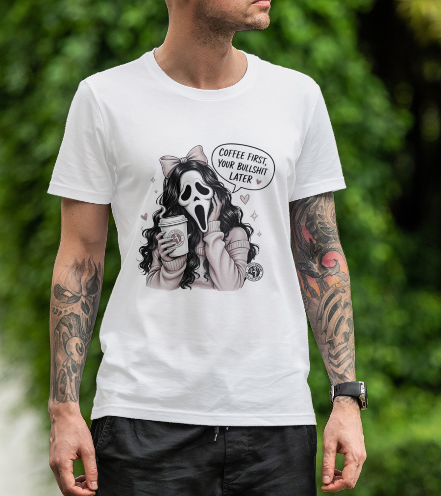 Ghostface Scream Coffee First Your Bullshit Later Horror Movie Bow Hearts T-Shirt
