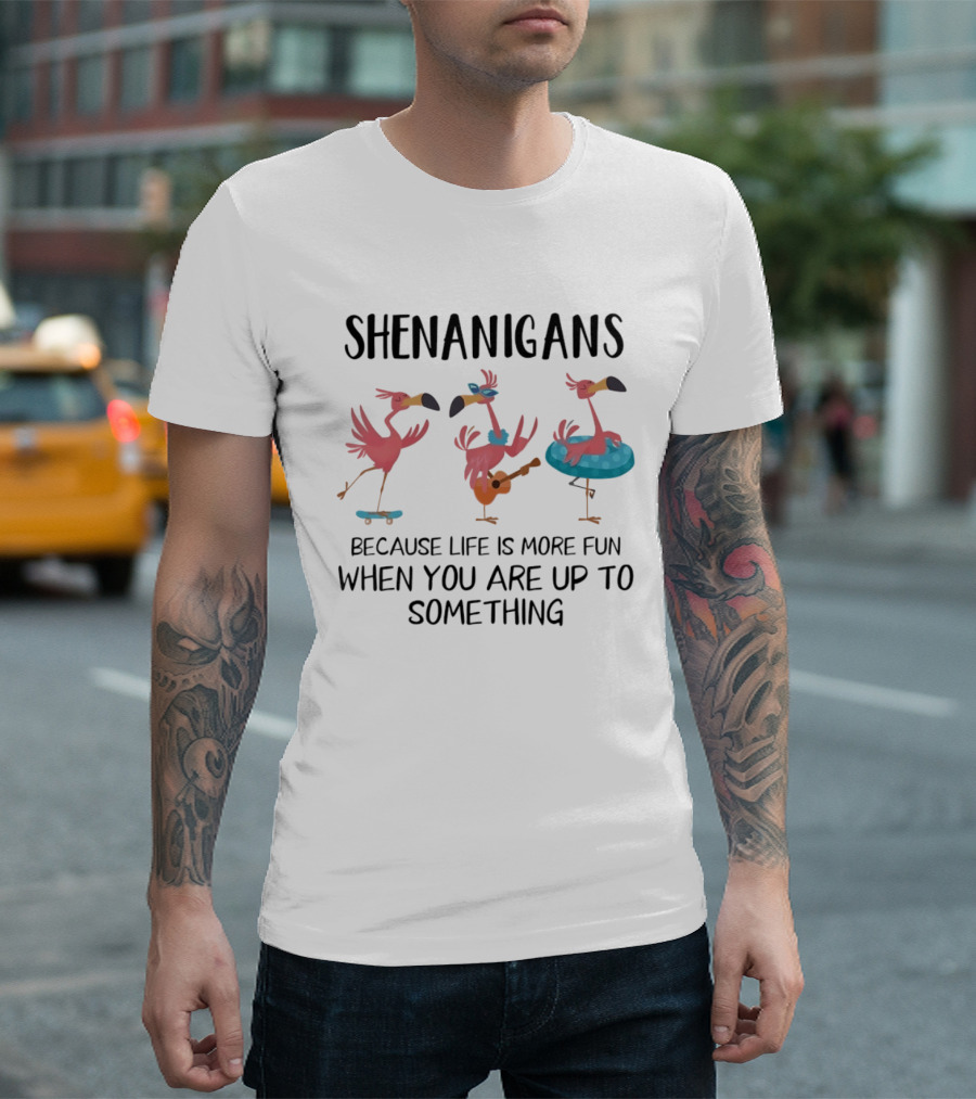 Shenanigans Flamingos Skateboarding Guitar Playing Pool Fun T-Shirt