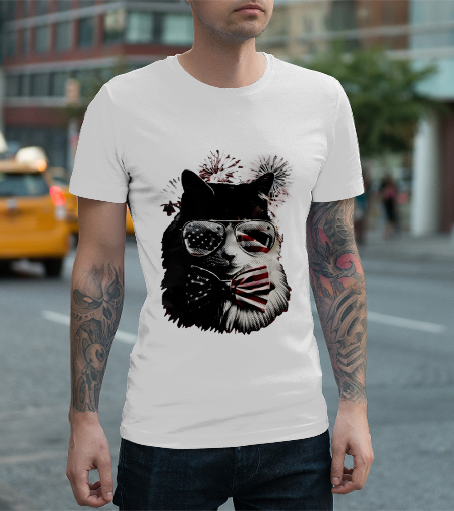 American Flag Cat Sunglasses And Bowtie Fireworks Independence Day T-Shirt