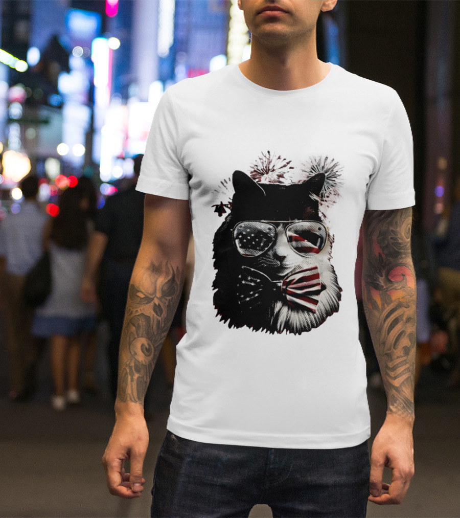 American Flag Cat Sunglasses And Bowtie Fireworks Independence Day T-Shirt