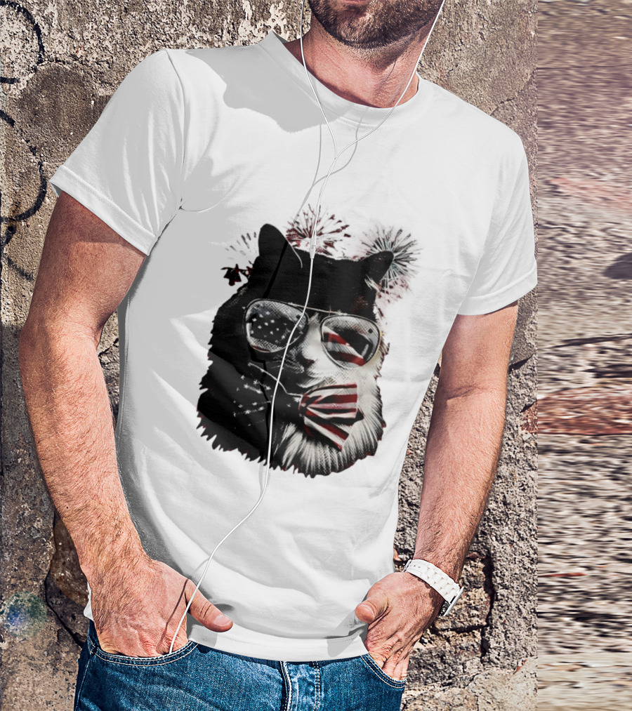 American Flag Cat Sunglasses And Bowtie Fireworks Independence Day T-Shirt