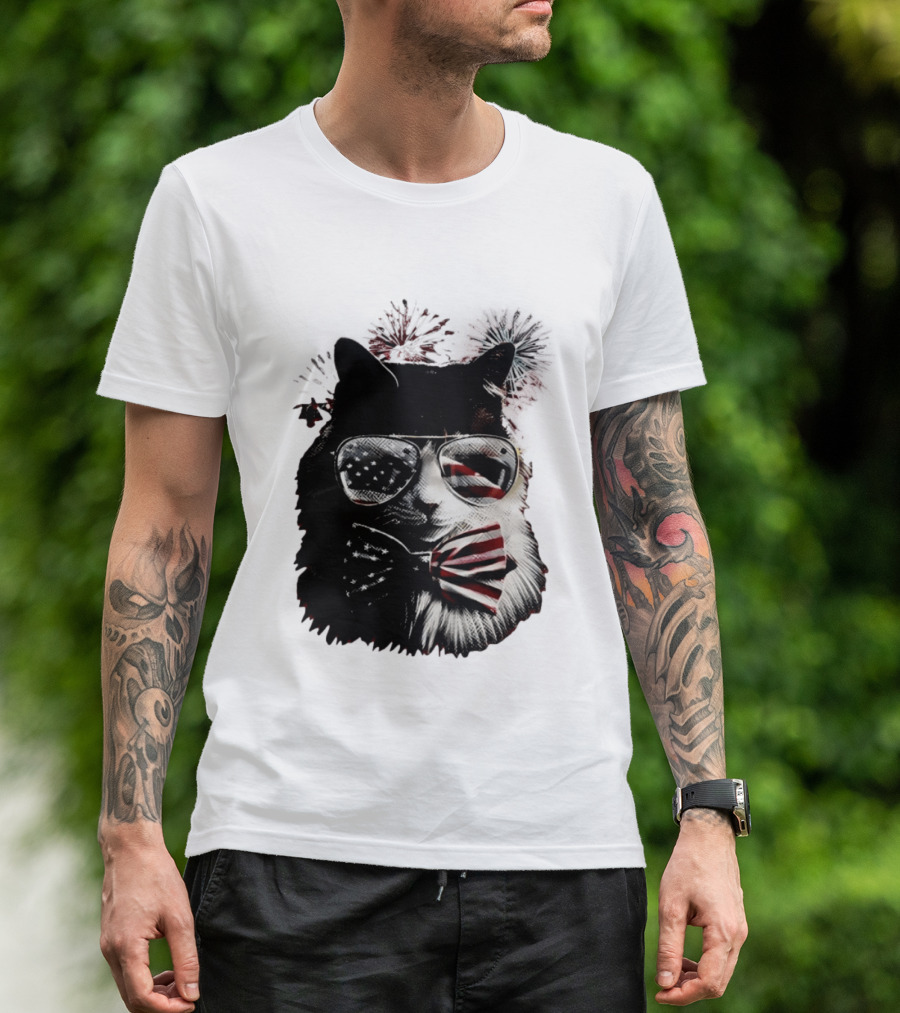 American Flag Cat Sunglasses And Bowtie Fireworks Independence Day T-Shirt