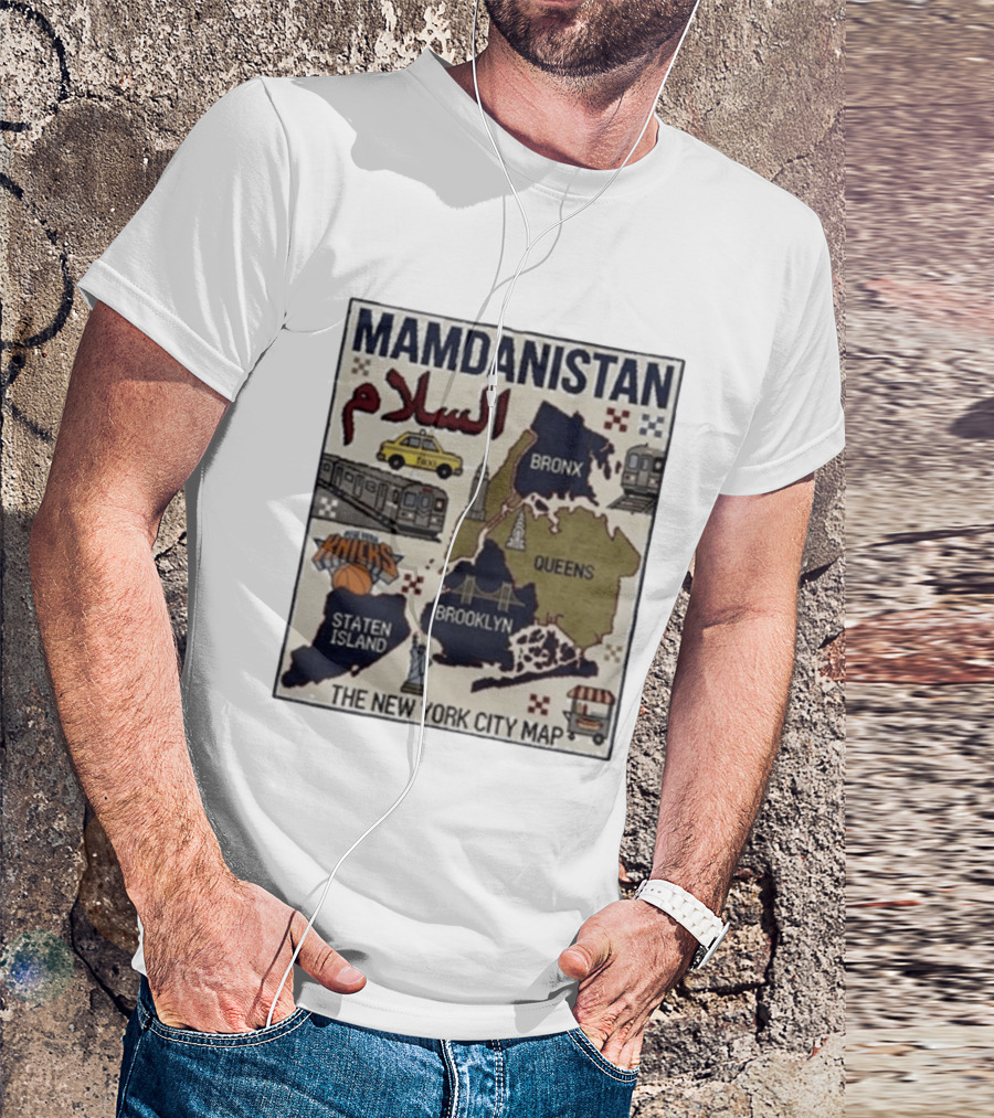 Mamdanistan Peace NYC Map Featuring Knicks Bronx Brooklyn Queens Staten Island Taxi Subway T-Shirt