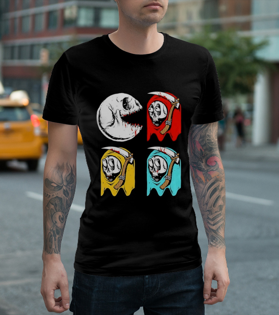 Pac Man Skeleton Skull Ghost Grim Reaper Red Yellow Blue T-Shirt
