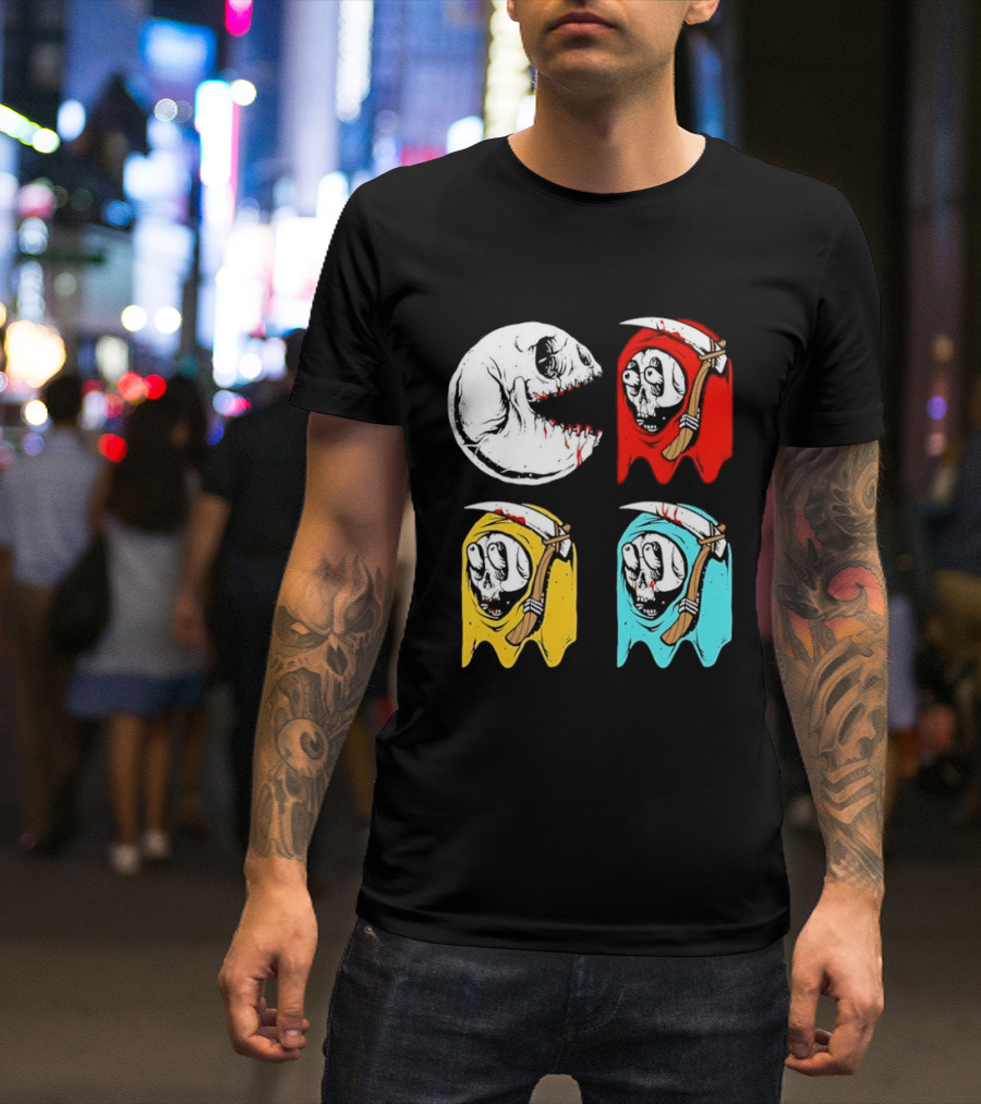 Pac Man Skeleton Skull Ghost Grim Reaper Red Yellow Blue T-Shirt