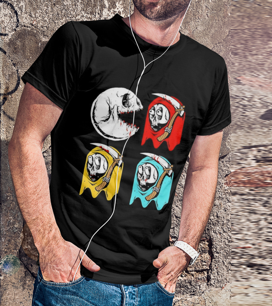 Pac Man Skeleton Skull Ghost Grim Reaper Red Yellow Blue T-Shirt