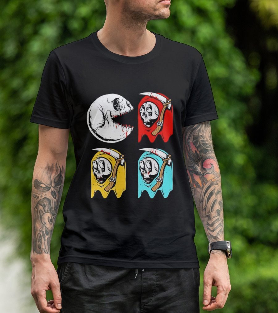 Pac Man Skeleton Skull Ghost Grim Reaper Red Yellow Blue T-Shirt