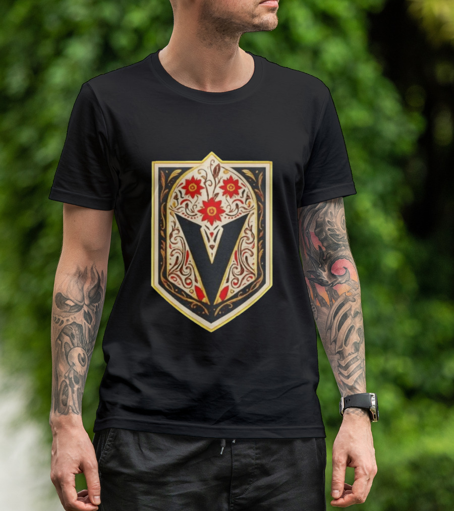 Vegas Golden Knights Dia De Los Muertos Floral Shield T-Shirt