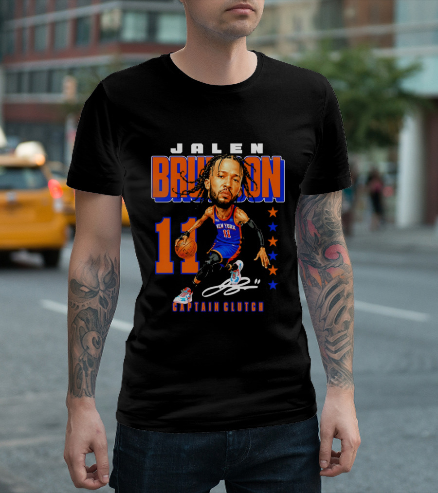 Jalen Brunson New York 11 Captain Clutch Caricature T-Shirt