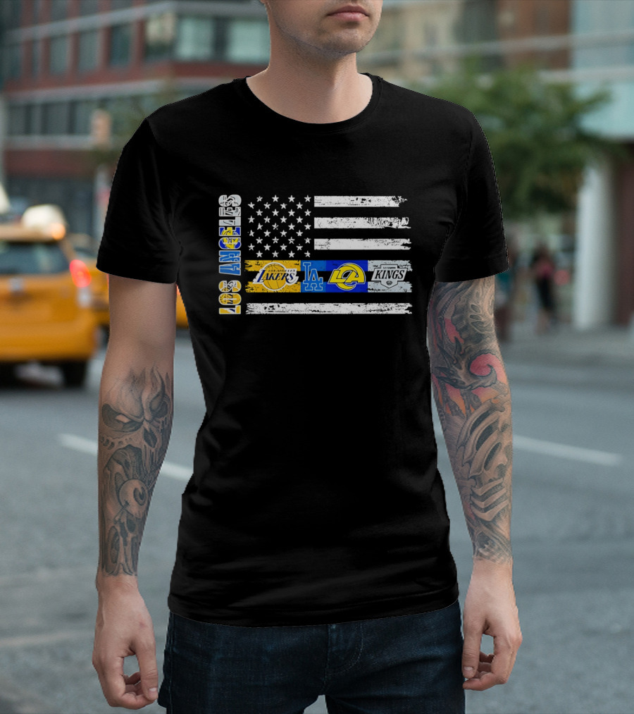 Los Angeles Lakers Dodgers Rams Kings Flag Stars And Stripes T-Shirt