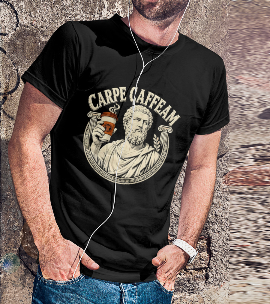 Carpe Caffeam Ancient Philosopher Coffee Cup Greek Column Statue T-Shirt