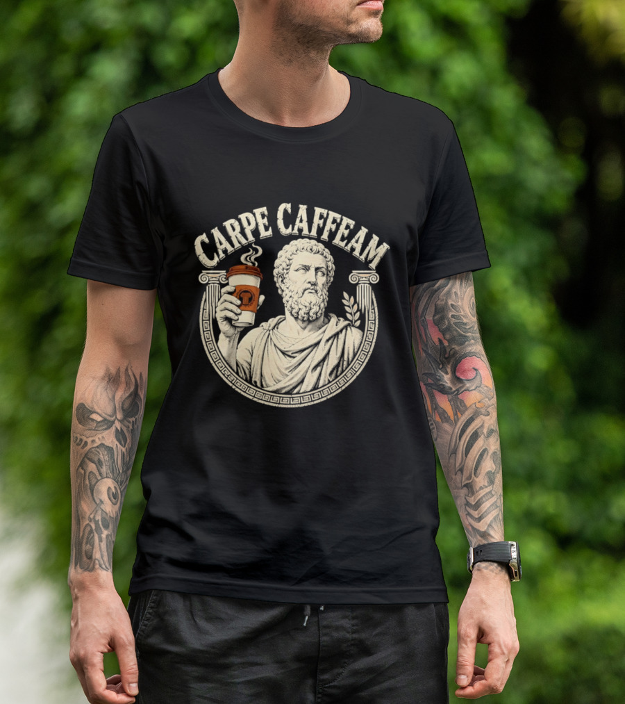 Carpe Caffeam Ancient Philosopher Coffee Cup Greek Column Statue T-Shirt