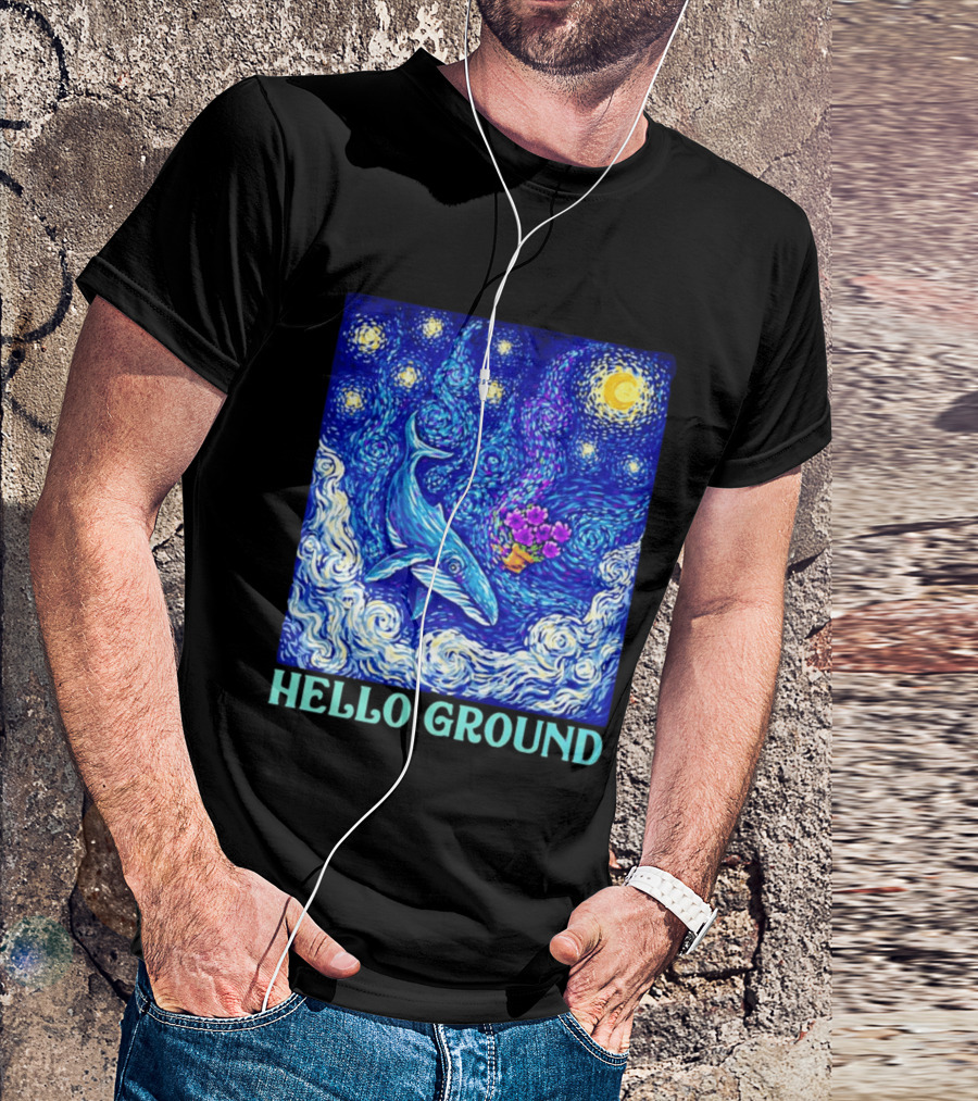Hello Ground Whale Floating In Starry Night Van Gogh T-Shirt