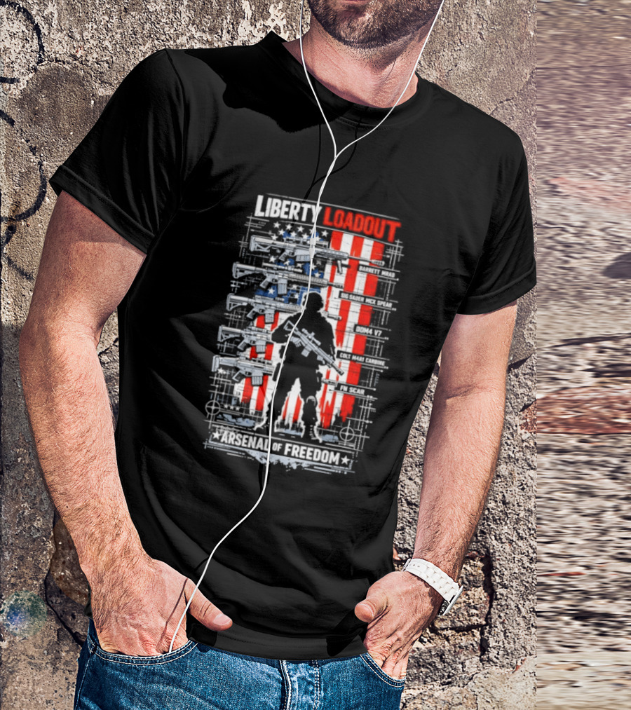 Liberty Loadout Arsenal Of Freedom USA Flag Soldier T-Shirt