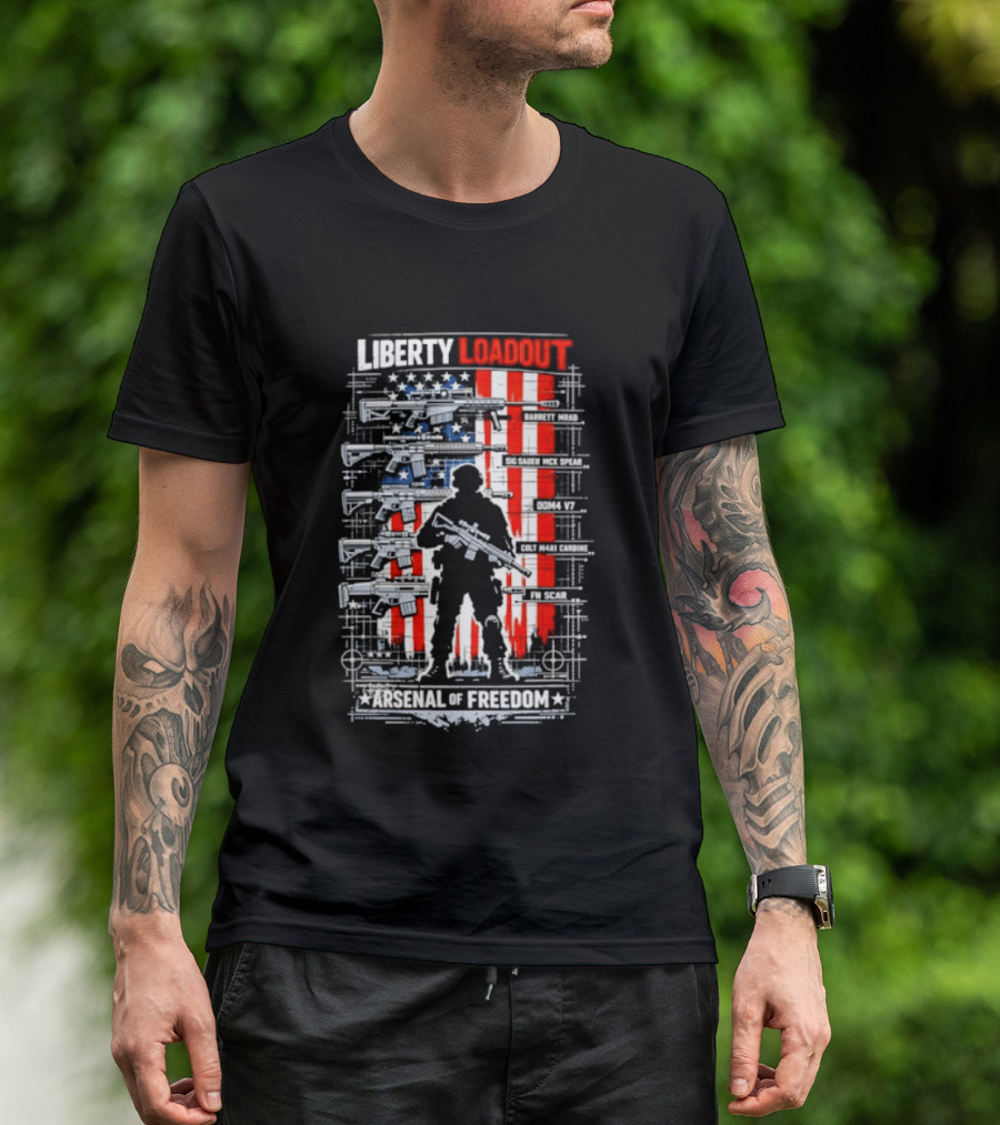 Liberty Loadout Arsenal Of Freedom USA Flag Soldier T-Shirt