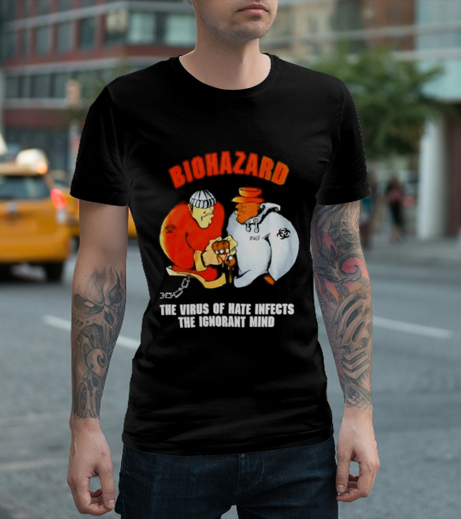 Biohazard The Virus Of Hate Infects The Ignorant Mind Orange And White Figures Confrontation T-Shirt