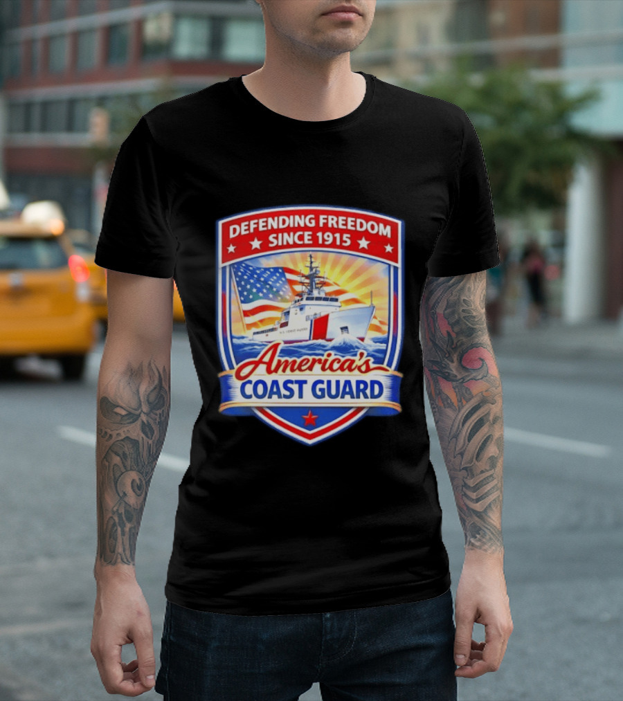 Defending Freedom Since 1915 America's Coast Guard US Flag Ship T-Shirt
