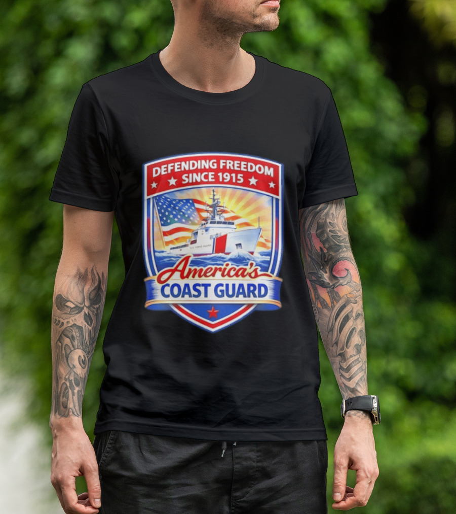 Defending Freedom Since 1915 America's Coast Guard US Flag Ship T-Shirt