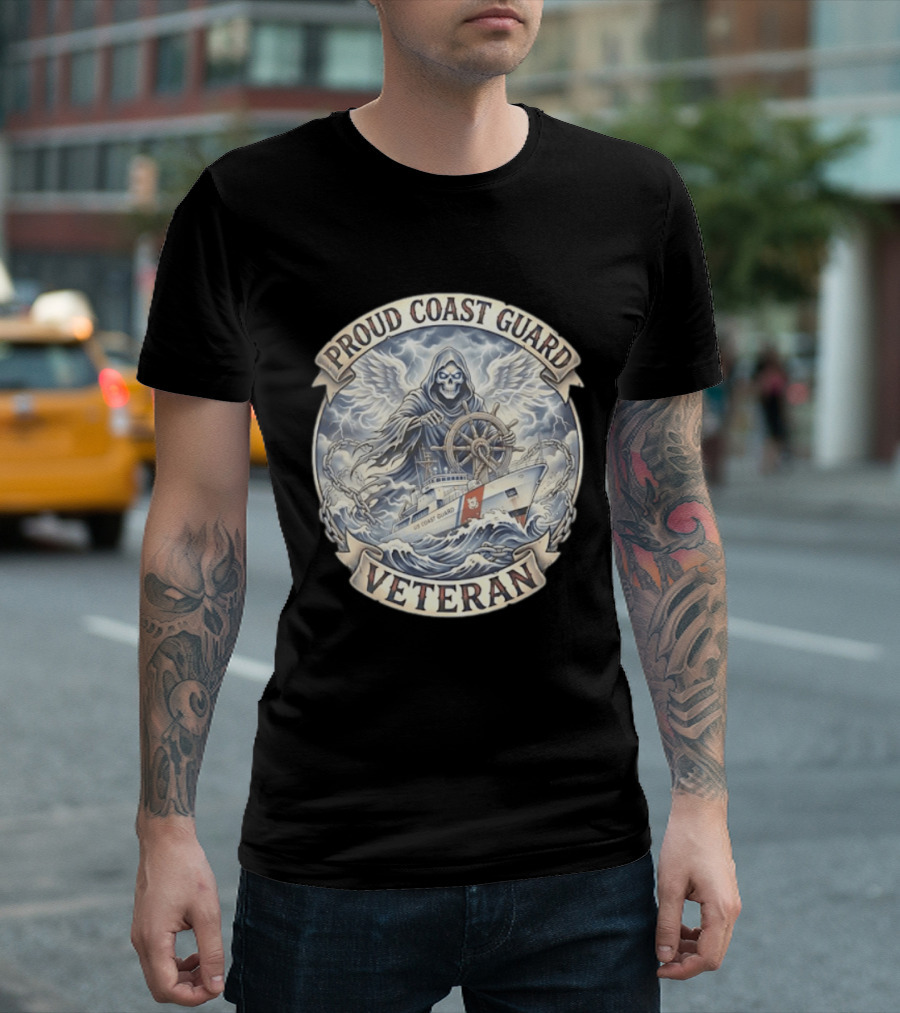 Proud Coast Guard Veteran Grim Reaper With Ship And Wheel T-Shirt