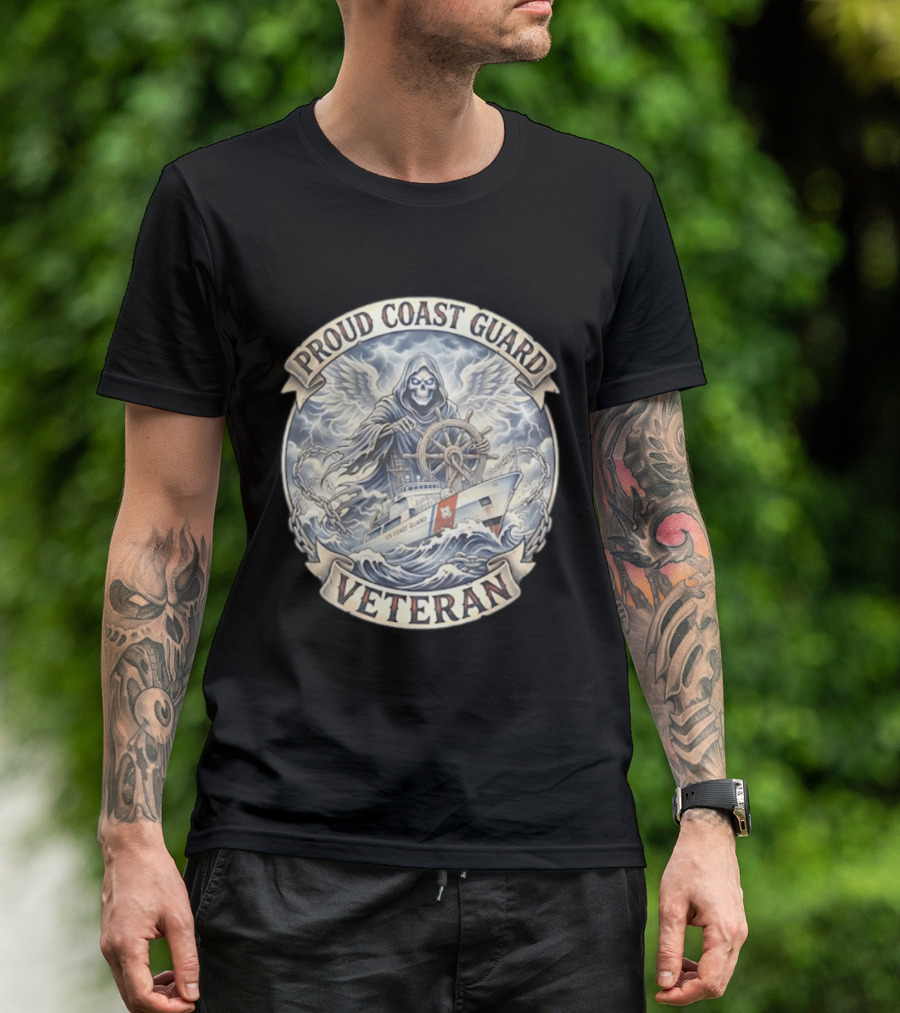 Proud Coast Guard Veteran Grim Reaper With Ship And Wheel T-Shirt