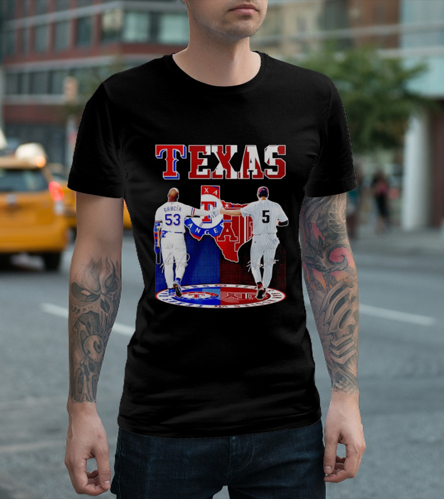 Texas Rangers Adolis Garcia And Texas A&M Aggies Hunter Schott Split Map T-Shirt