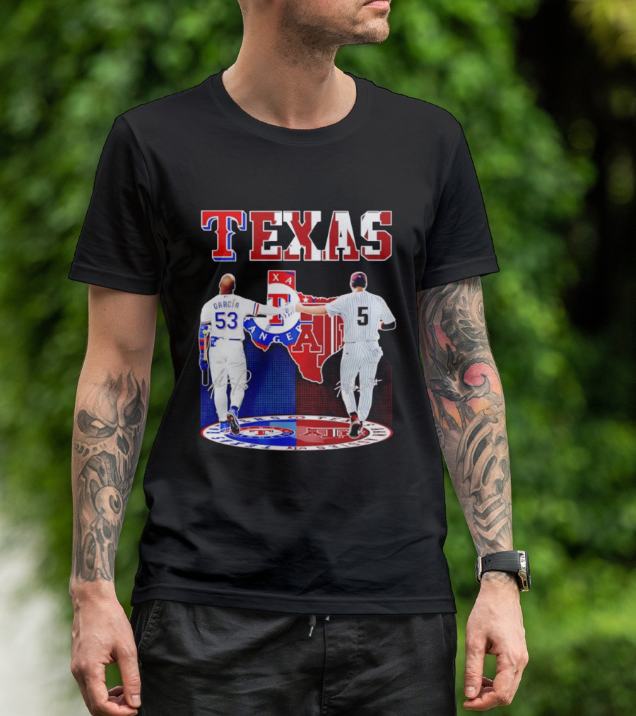 Texas Rangers Adolis Garcia And Texas A&M Aggies Hunter Schott Split Map T-Shirt