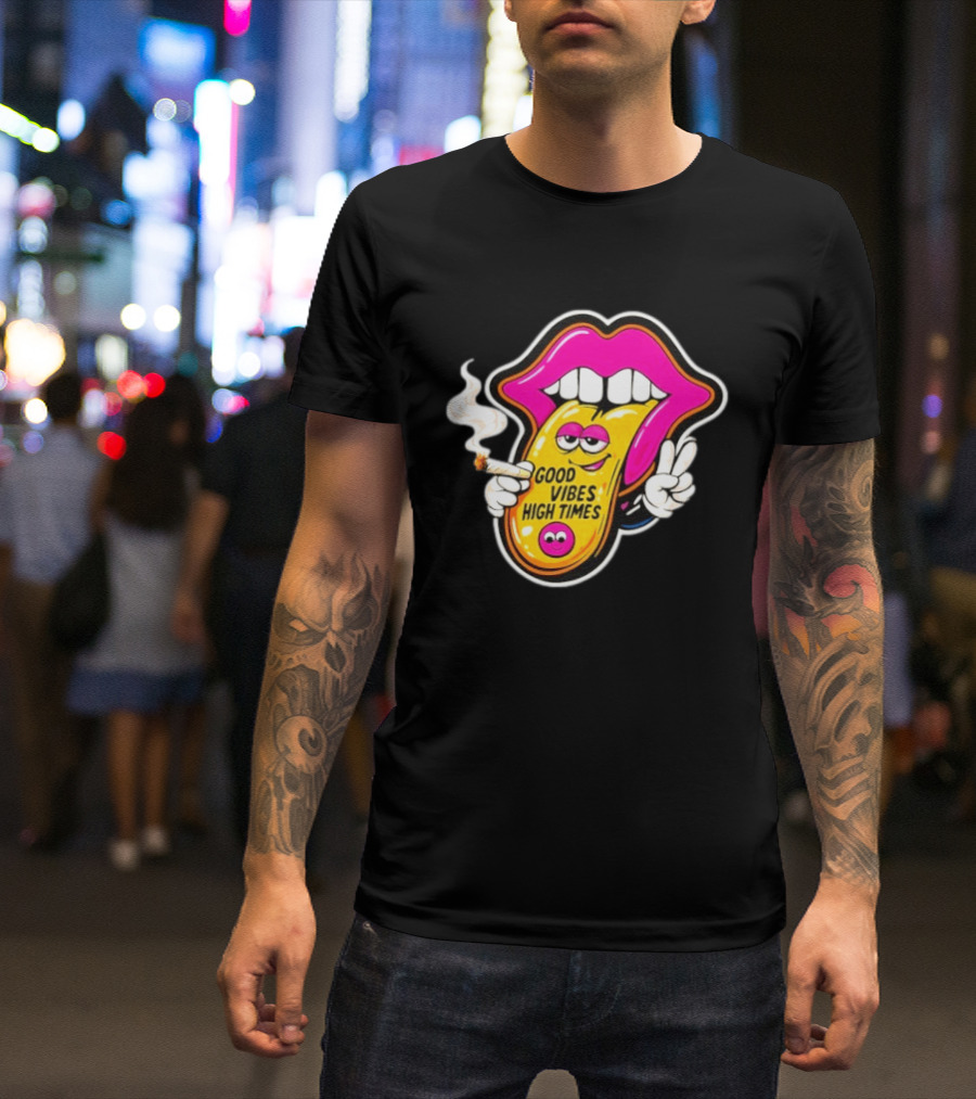 Good Vibes High Times Smoking Tongue And Peace Sign T-Shirt