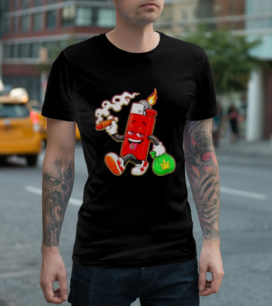Flame Lighter And Smoking Joint With Cannabis Bag Cartoon T-Shirt