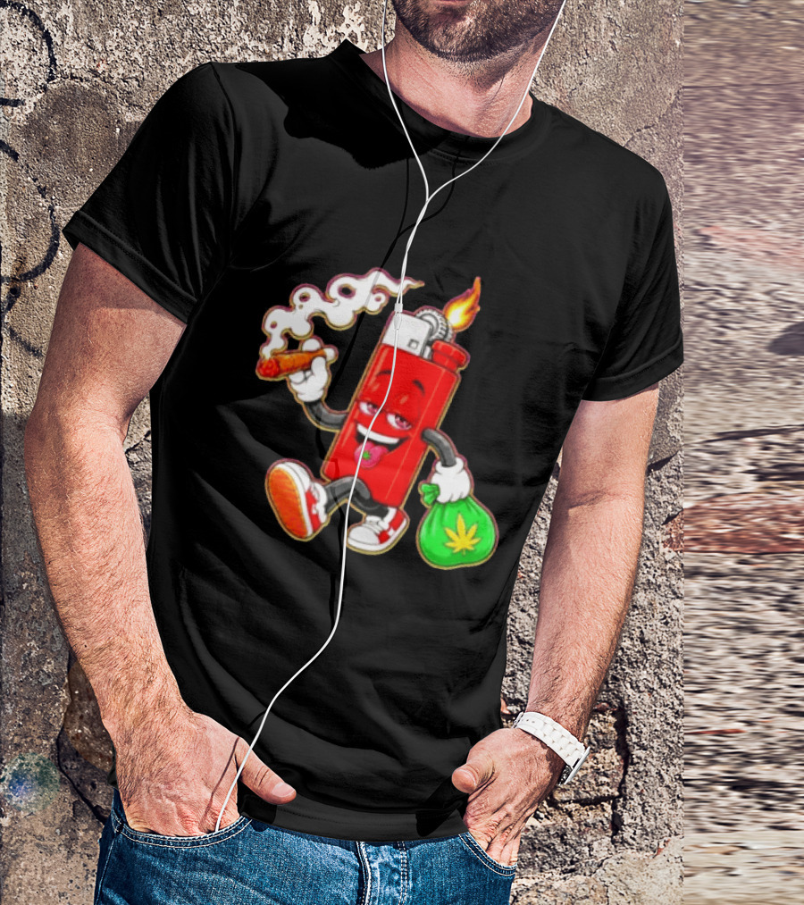 Flame Lighter And Smoking Joint With Cannabis Bag Cartoon T-Shirt