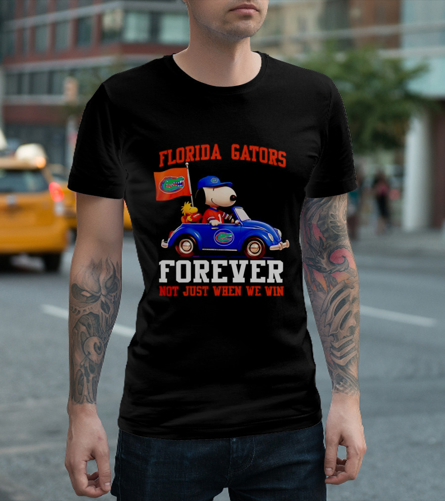 Peanuts Snoopy Woodstock In Blue Car Florida Gators Forever Not Just When We Win T-Shirt