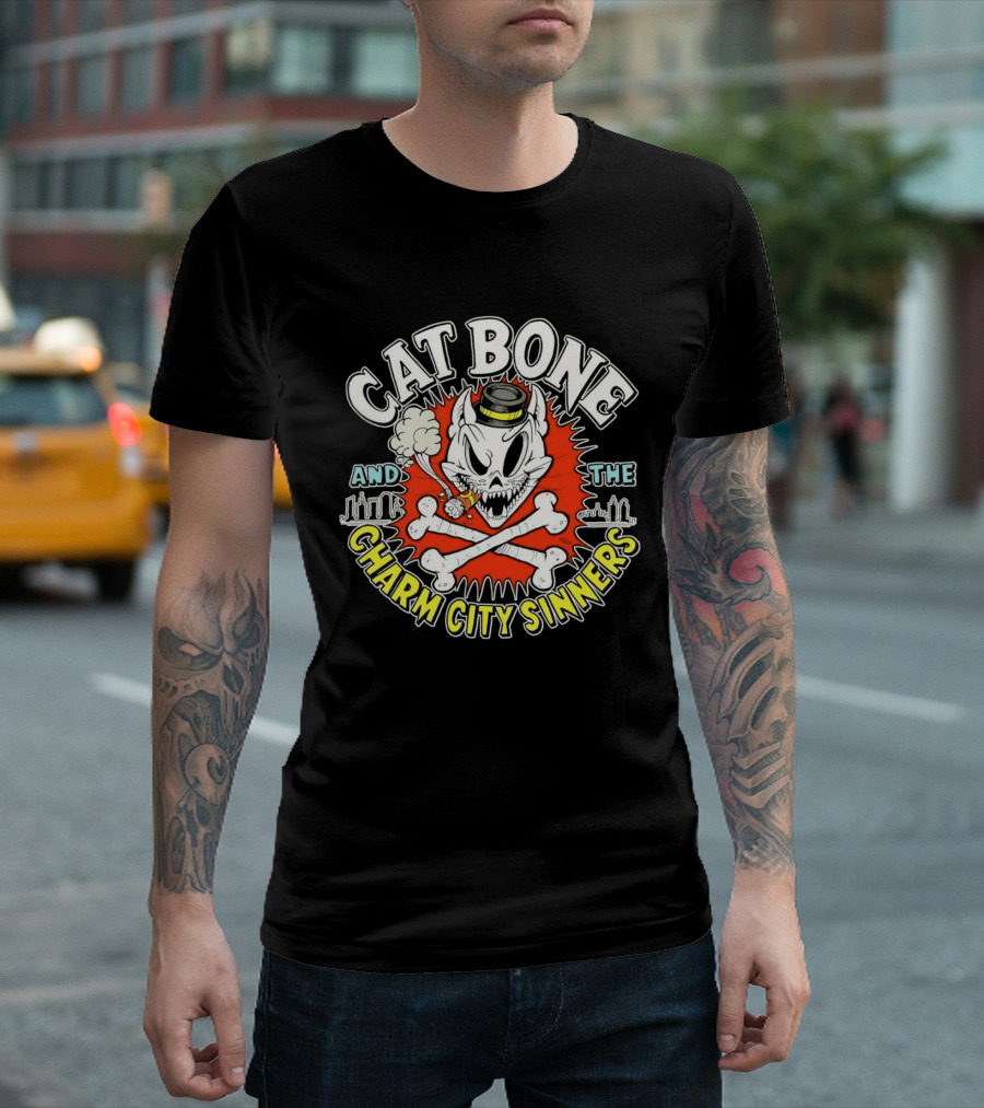 Cat Bone And The Charm City Sinners Smoking Skull And Crossbones Top Hat T-Shirt