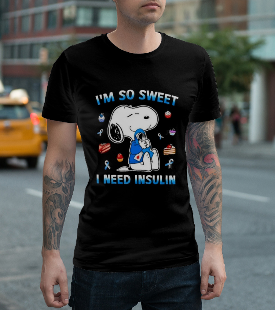 I'm So Sweet I Need Insulin Snoopy Peanuts Diabetes Awareness Blue Ribbon Cupcakes 2026 T-Shirt