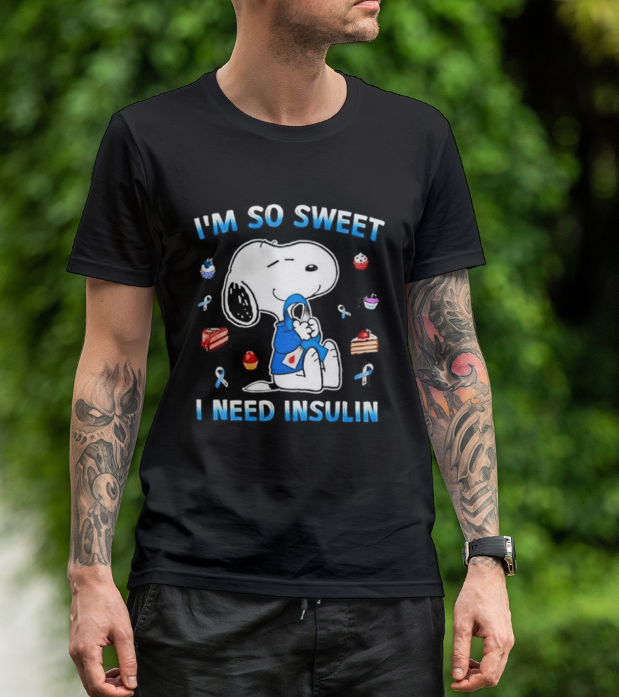 I'm So Sweet I Need Insulin Snoopy Peanuts Diabetes Awareness Blue Ribbon Cupcakes 2026 T-Shirt