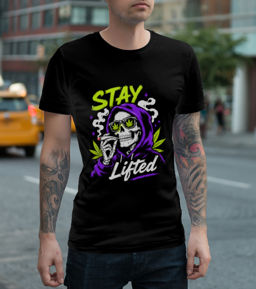 Stay Lifted Skeleton Smoking Weed Vapor Clouds Psychedelic T-Shirt