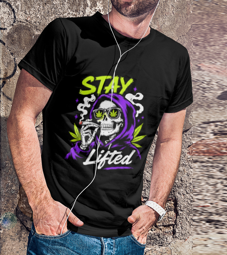 Stay Lifted Skeleton Smoking Weed Vapor Clouds Psychedelic T-Shirt