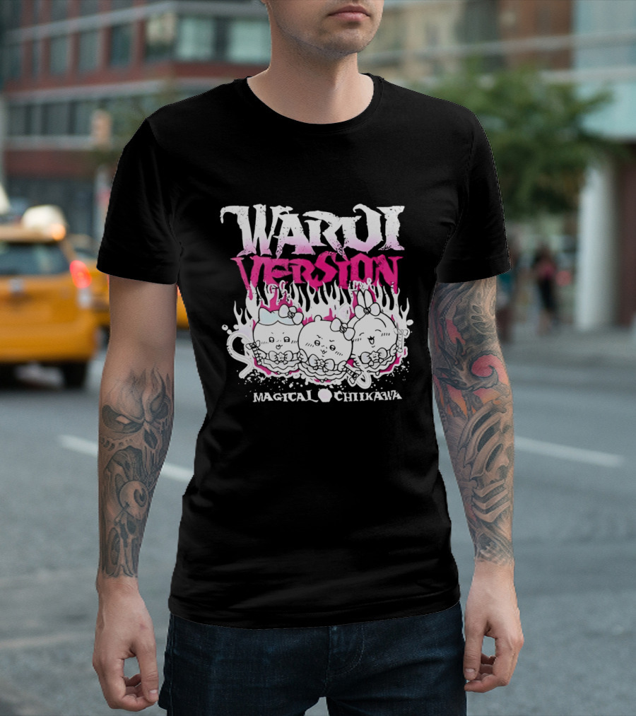 Warui Version Magical Chiikawa Characters In Fiery Pink And White T-Shirt