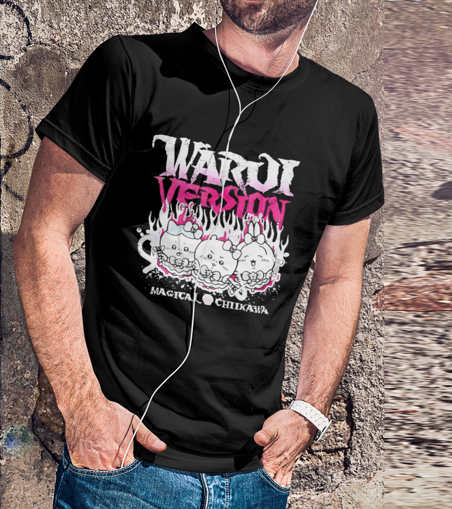 Warui Version Magical Chiikawa Characters In Fiery Pink And White T-Shirt