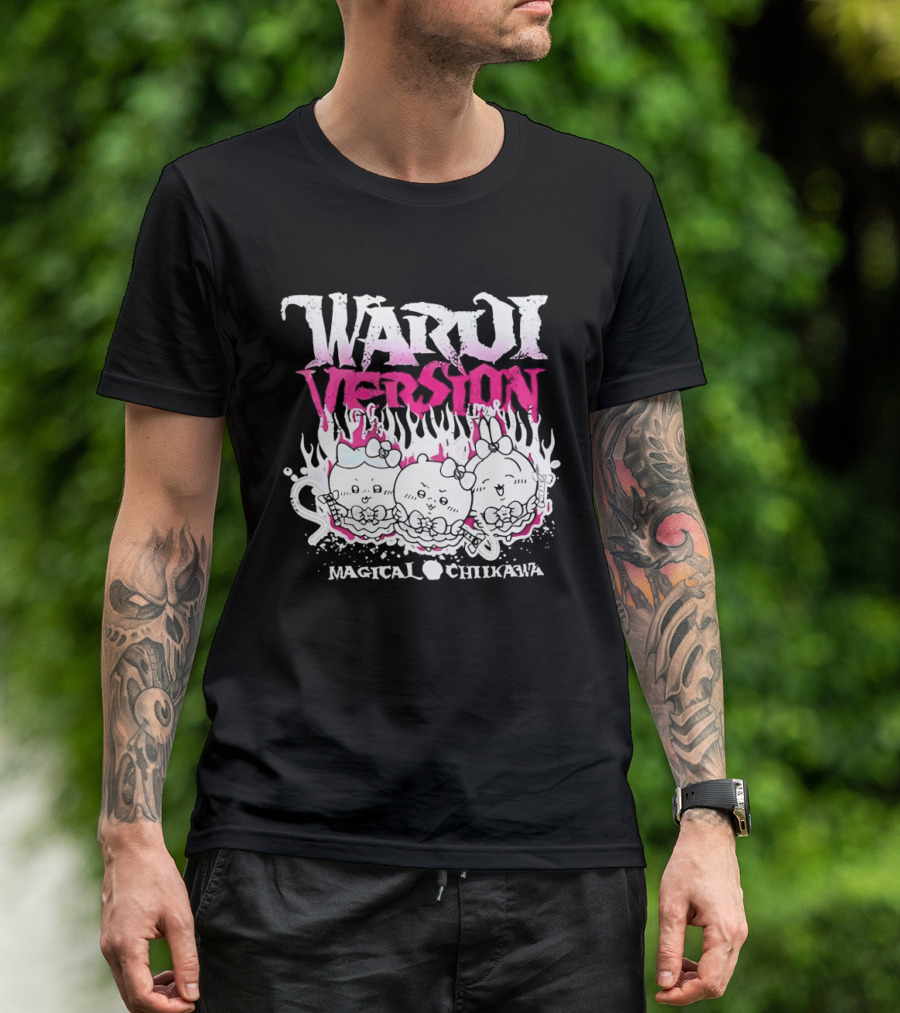 Warui Version Magical Chiikawa Characters In Fiery Pink And White T-Shirt