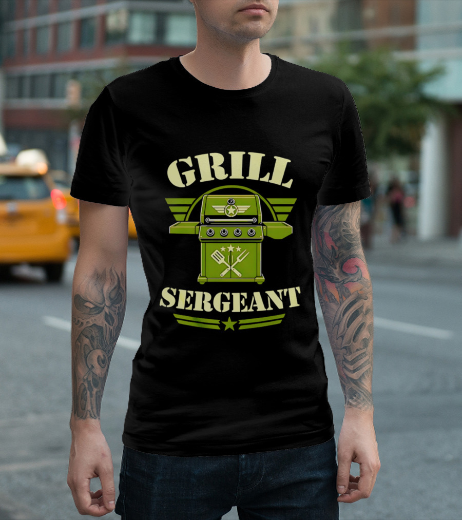 Grill Sergeant Military Style Barbecue Theme With Star Emblem And Utensils T-Shirt
