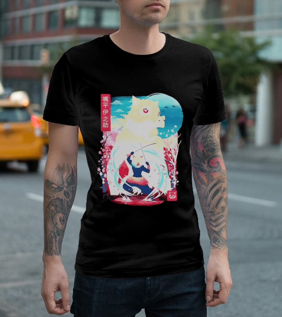 Inosuke Hashibira Boar Head Demon Slayer Anime Cherry Blossom Scene T-Shirt