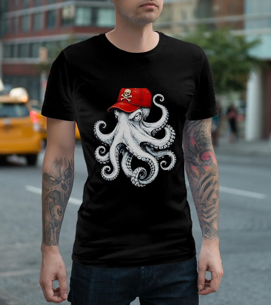 Octopus In Red Cap With Skull And Crossbones T-Shirt