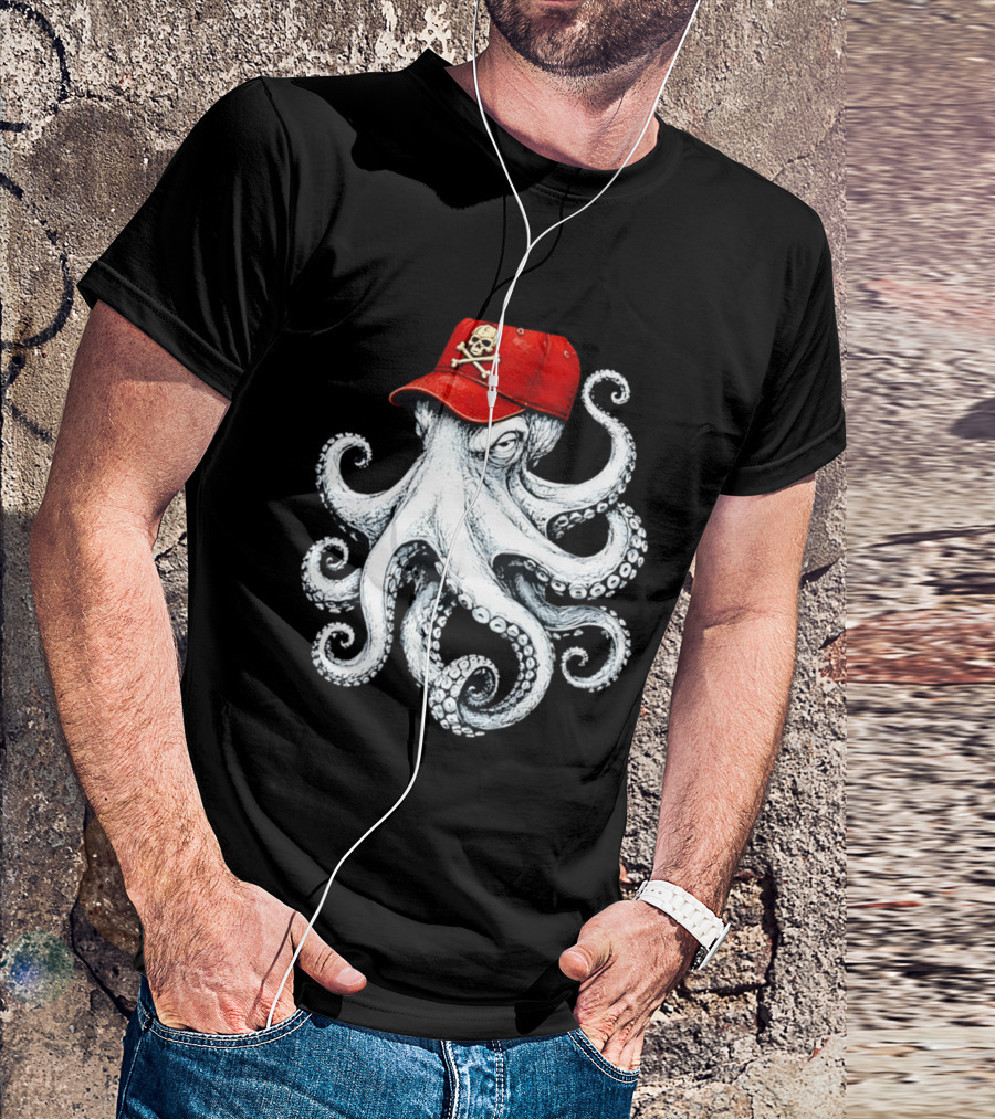 Octopus In Red Cap With Skull And Crossbones T-Shirt