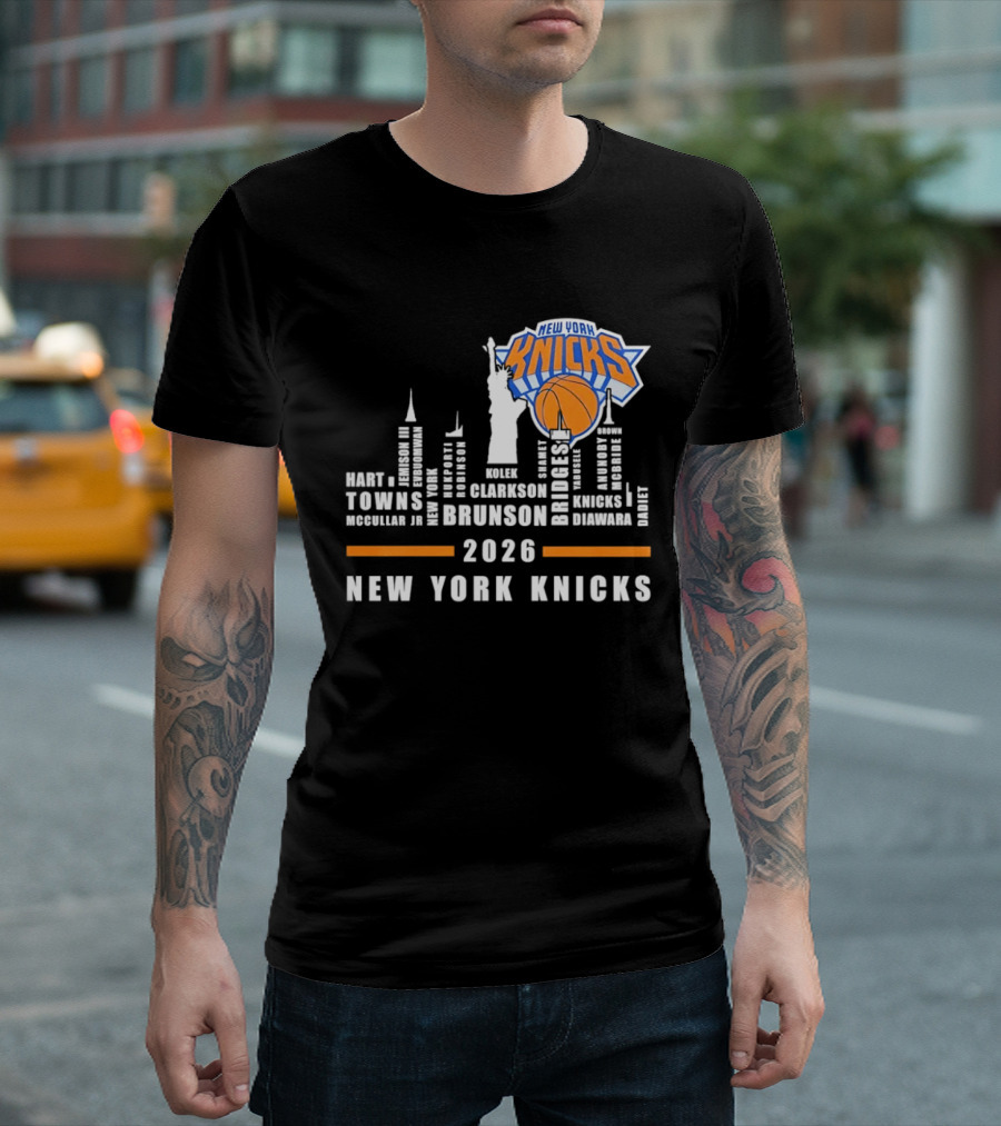 New York Knicks 2026 Jalen Brunson Mikal Bridges NBA Manhattan Skyline T-Shirt